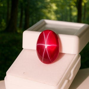May include: A polished, oval-shaped, ruby gemstone with a six-rayed star effect. The deep red stone is set against a white background and rests on a white display box. The background is a blurred view of a green forest.