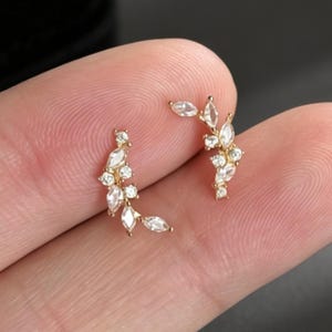 May include: A pair of gold-toned ear climbers featuring a delicate branch-like design. Each earring is adorned with multiple small, clear, marquise-cut and round-cut stones arranged in a cluster that follows the curve of the earlobe.