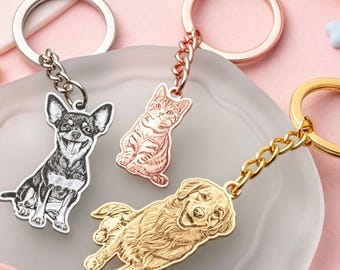 Custom Pet Photo Keychain, Dog Picture Keychains, Personalized Engraved Pet Portrait Keychain, Keyring for Pet Loss, Dog Loss Memorial Gift