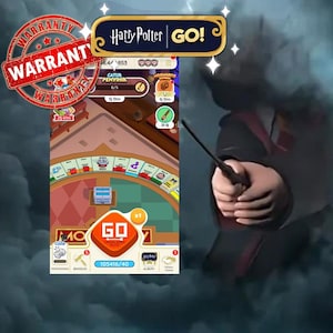 May include: A mobile game interface for "Harry Potter GO!" features a game board with colorful icons and text. A red "WARRANTY" stamp is in the upper left. The game's title is displayed in a gold banner. A character holds a wand.