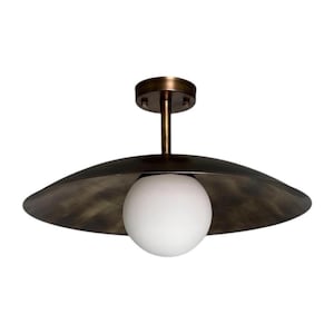 Mid-Century Brass Flush Mount Ceiling Light: Opal Glass Globe Lighting