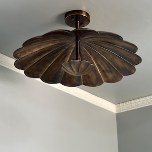 Semi Flush Ceiling Light | Vintage Floral Light Fixture | Handmade Scallop Antique Brass Lamp