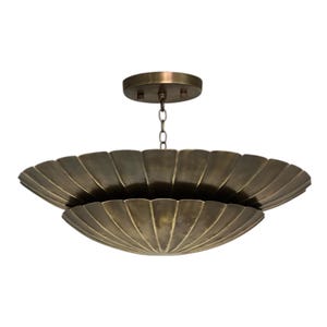 May include: A bronze-colored, Art Deco-style ceiling light fixture. The fixture features a scalloped, bowl-shaped design with a smaller, inverted bowl beneath it. It hangs from a chain attached to a circular ceiling mount.
