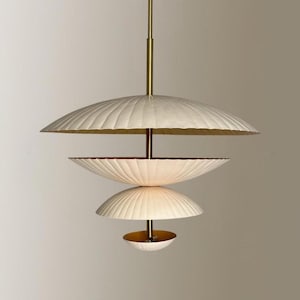 Mid-Century Modern Brass Pendant Lamp: Layered Concentric Shade Chandelier