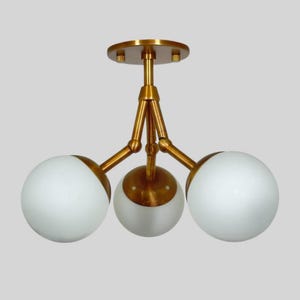 Modern MidCentury Brass Globe Flush Mount Ceiling Light - Opal Glass