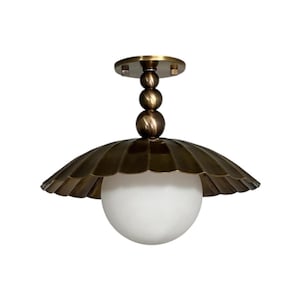 Scalloped Brass Flush Mount Ceiling Light: Mid-Century Modern Globe