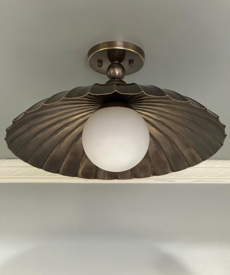Brass Antique Shell Ceiling Light – Semi Flush Mount With Frosted Globe ...
