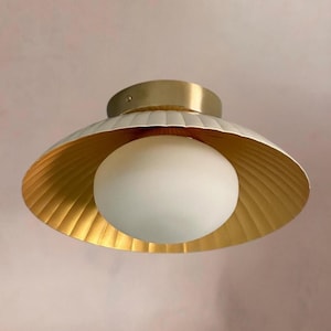 Mid Century Modern Brass Flush Mount Ceiling Light - Frosted Globe Art Deco Lamp