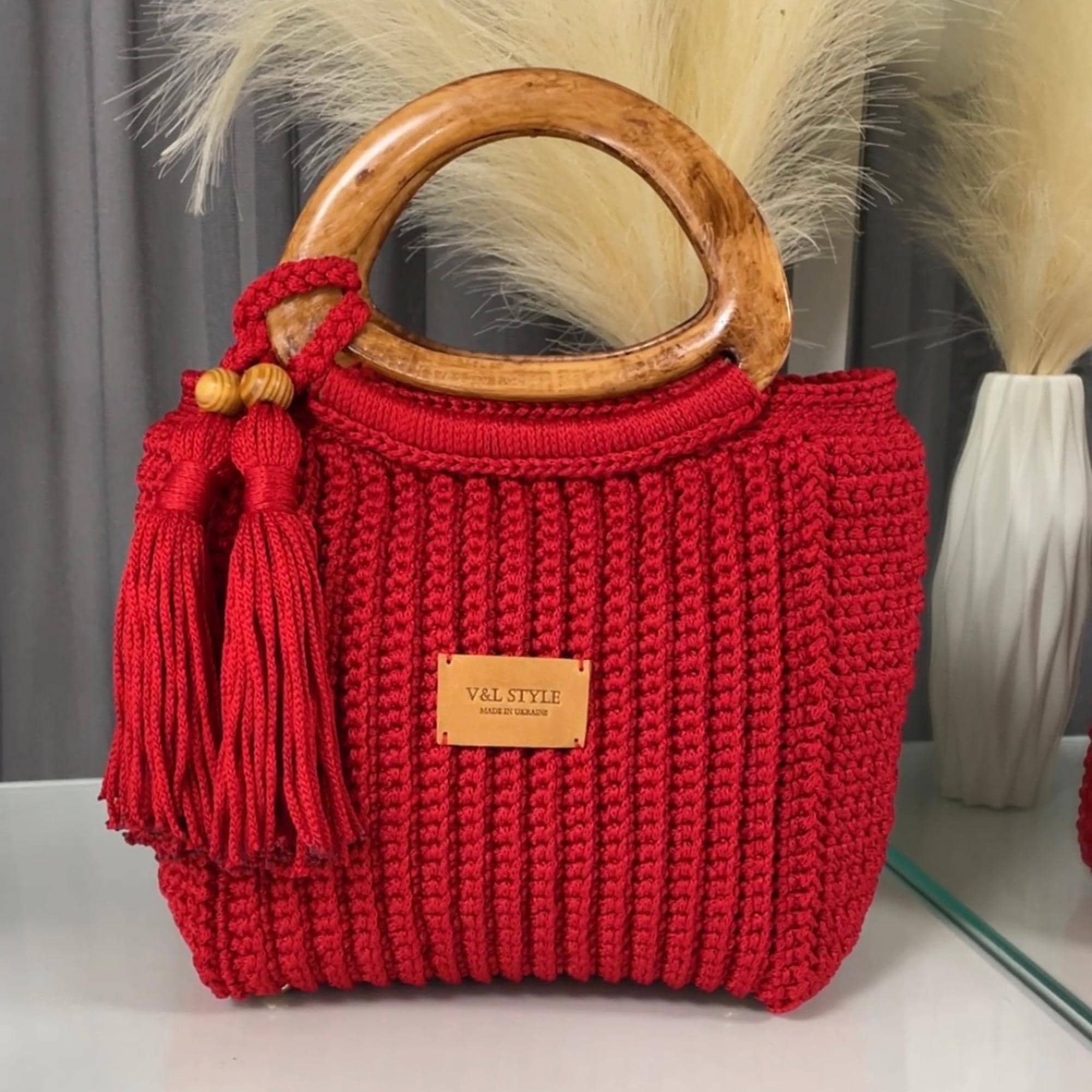 Vikye Borsa Porta Lana E Ferri Da Maglia - In Tessuto Intrecciato Con Manico In Legno - Motivo Fiore Rosso