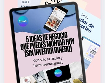 May include: A digital tablet displays a presentation titled "5 Business Ideas You Can Start Today (Without Investing Money)". The Canva logo is visible. A smartphone and laptop are also shown on the tablet screen, along with supporting documents.