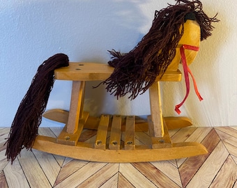 Vintage Handmade Wooden Rocking Horse Figurine with Yarn Mane & Tail