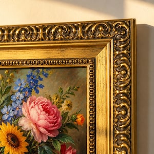 Op de afbeelding: Een rechthoekig schilderij van een bloemenboeket met rode rozen, roze pioenen, gele zonnebloemen en blauwe wilde bloemen. Het kunstwerk is gevat in een brede, sierlijke, goudkleurige lijst met gedetailleerd krulwerk en een parelrand.