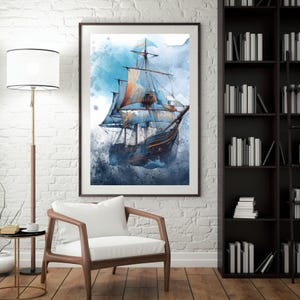 Watercolor Tall Ship Wall Art Nautical Ocean Sailboat Poster Vintage Maritime Decor Sailing Ship Printable Coastal Sea Art Digital Download