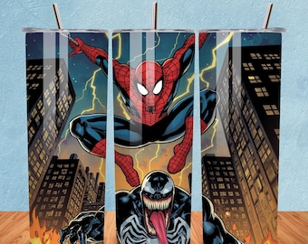 Spider-Man vs Venom Tumbler Wrap PNG: Superhero Digital Sublimation (20oz Skinny Tumbler Downloadable File)