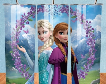 Envoltório de copo de princesa fofo com desenho animado – Design de sublimação para envoltório de copo Ferozen Princess Sisters de 20 onças – Downloads digitais PNG