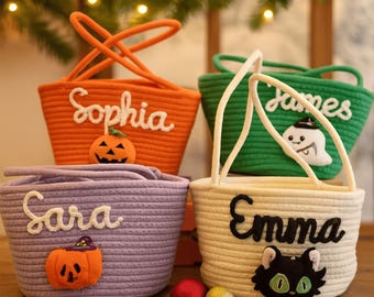 Personalized Trick or Treat Bags with Name – Custom Halloween Candy Tote, Kids Pumpkin Basket, Halloween Gift for Boys & Girls