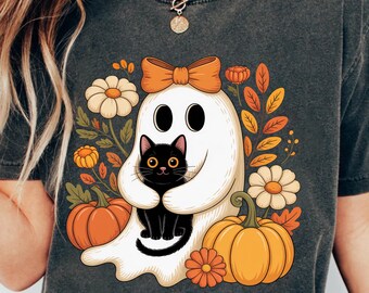 Ghost Hugging Black Cat PNG: Halloween Floral Pumpkin Design (Digital Download)