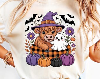 Halloween Highland Cow PNG, Witch Hat, Pumpkin, Ghost Clipart (Digital Download)
