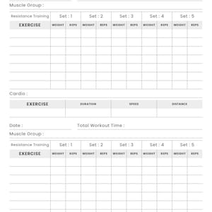 Könnte beinhalten: Ein weißes Workout-Logbuch mit der Überschrift "WORKOUT LOG". Das Logbuch enthält Abschnitte für Datum, Muskelgruppe, Krafttraining und Cardio-Übungen. Es bietet Platz für die Aufzeichnung von Gewicht und Wiederholungen.