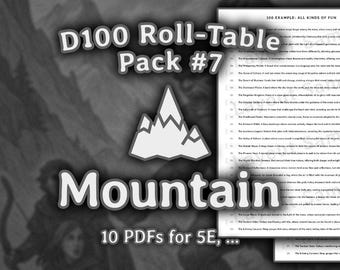 Pack #7: Mountain | d100 Roll-Table | d100 Roll-Chart | d100 List | Dungeon Master (Dungeon and Dragons 5e, Pathfinder, ...)