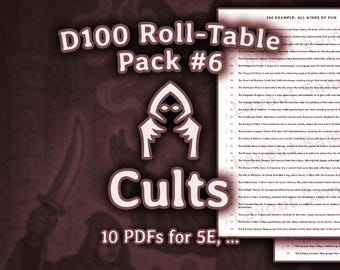 Pack #6: Cults | d100 Roll-Table | d100 Roll-Chart | d100 List | Dungeon Master (Dungeon and Dragons 5e, Pathfinder, ...)