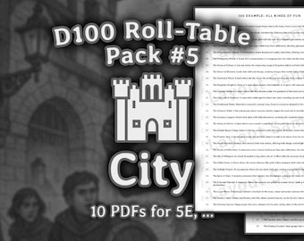 Pack #5: City | d100 Roll-Table | d100 Roll-Chart | d100 List | Dungeon Master (Dungeon and Dragons 5e, Pathfinder, ...)