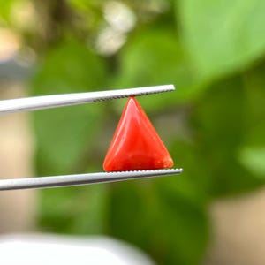 May include: A vibrant red, triangular gemstone is held by silver tweezers. The polished stone has a smooth surface and a sharp, geometric shape. The background is a soft, blurred green.