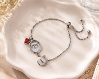 Personligt armband med husdjursfoto, smycken med minnesmärke, minnesgåva för husdjur för hund- eller kattälskare, graverat namnminnesmärke