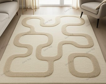 Hand-Tufted Wool Rug: Beige Geometric High-Low Pile, 4x6 5x8 6x9 8x10