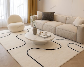Minimalist Cream Area Rug: Abstract Black Curve Design, Plush Modern Carpet