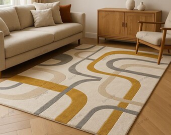 Geometric Hand Tufted Rug: Modern Curve Design, Yellow Gray Beige