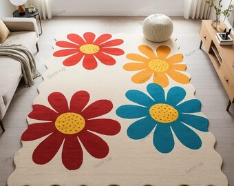 Hand-Tufted Wool Daisy Rug: Oversized Floral Carpet with Scalloped Edge