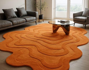 Hand-Tufted Orange Wool Rug – Modern Amoeba Design, Sculptural Texture