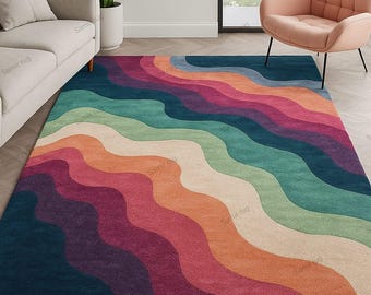 Retro Wave Wool Area Rug: Vibrant Multicolor Hand-Tufted Design