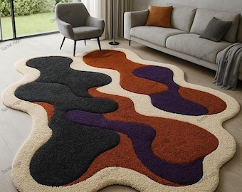 Modern Abstract Shaped Rug | Handmade Tufted Area Rug | Contemporary Wavy Design Carpet