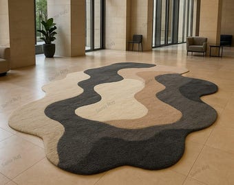 Hand-Tufted Wool Rug: Modern Abstract Wave Design, For Living Room 8x10