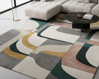 Modern Abstract Area Rug, Geometric Contemporary Carpet, Neutral Multicolor Living Room Rug,