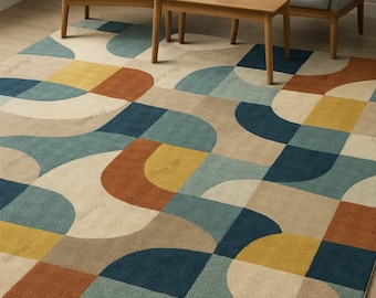 Mid-Century Geometric Rug: Hand-Tufted Harmony, Earth Tones