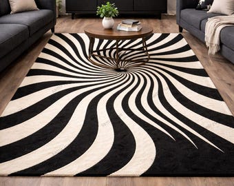 Black White Spiral  Rug, Modern Optical  Carpet, Hand Tufted