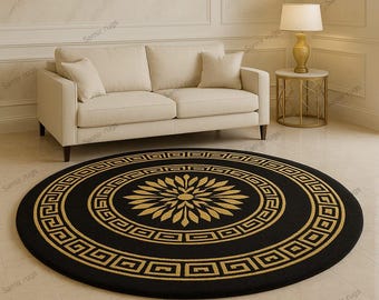 Luxury Black Gold Round Rug, Greek Key Circular Carpet