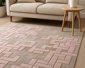 Blush Geometric Hand-Tufted Rug: Modern Maze Design