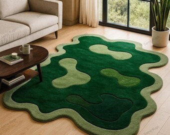 Luxurious Hand-Tufted Artistic Green Landscape Rug with Organic Curved Shape, Multi-Tone