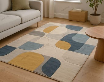 Hand Tufted Wool Area Rug: Beige Geometric Design, Modern Scandinavian Style