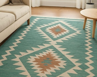 Handmade Wool Blend Dhurrie Cotton Kilim Carpet Reversible & Lightweight Rug for Living Room 6x9