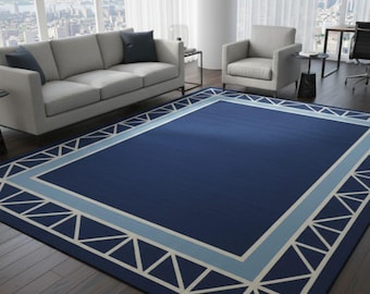 Modern Blue Geometric Area Rug | Minimal Border Carpet
