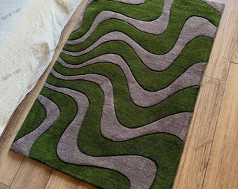 Modern Green Grey Wavy Area Rug | Handmade Designer Carpet | Abstract Wave Pattern Floor Rug