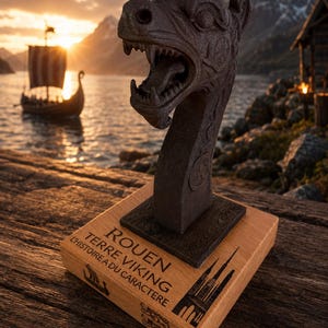 Viking Drakkar head on an engraved wooden base – French handcrafted creation