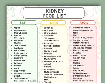 腎臓食（印刷可能）、腎臓に良い食品リスト、低ナトリウム・低カリウム栄養ガイド、腎臓に良い食料品リスト、A4 USレター