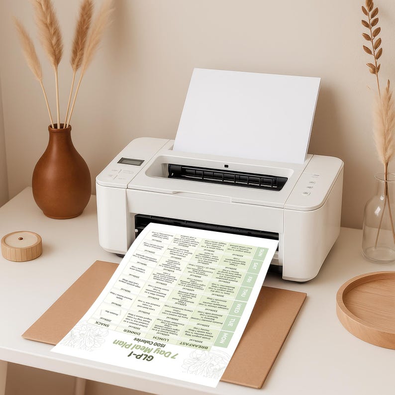 May include: A white printer with a printed 7-day meal plan sheet. The sheet is light green and white, with the text "GLP-1 7 Day Meal Plan 1500 Calories". The printer is on a white desk with decorative items.
