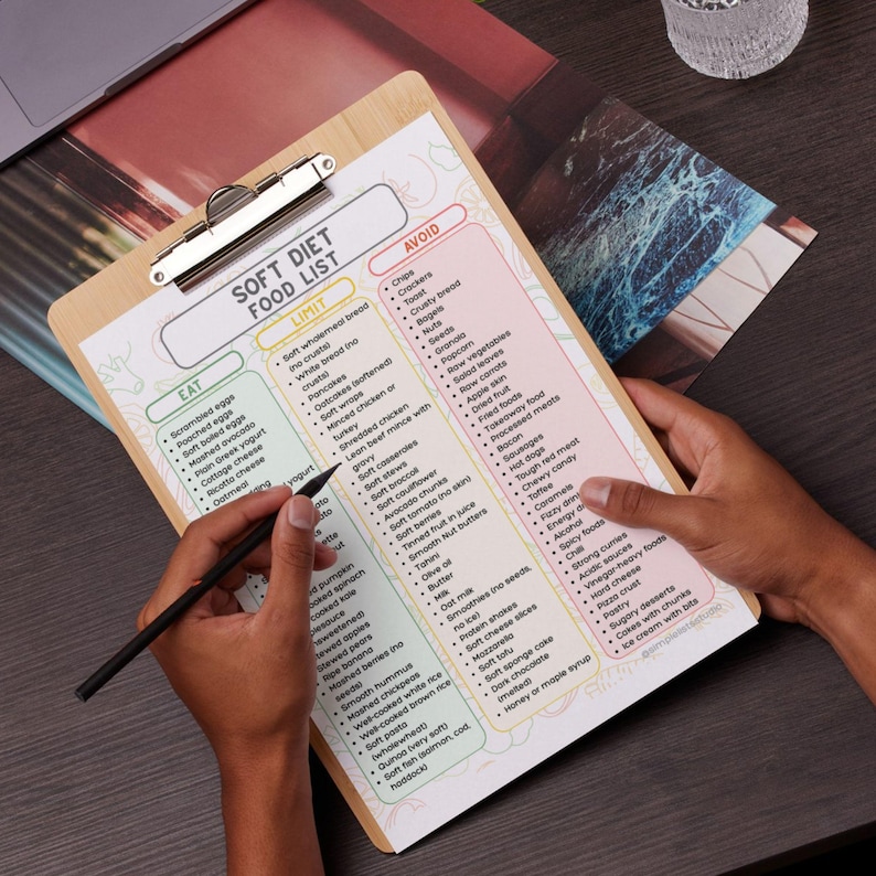 May include: A wooden clipboard with a printed "SOFT DIET FOOD LIST" is held by hands. The list categorizes foods into "EAT," "LIMIT," and "AVOID" sections. A pencil is poised over the list, suggesting note-taking or review.